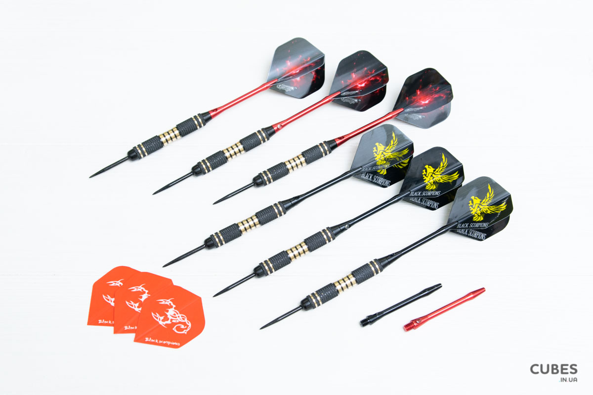 brass-darts-6pcs-2026-1 Дротики для дартс з латуні 23г набір 6 шт + запчастини